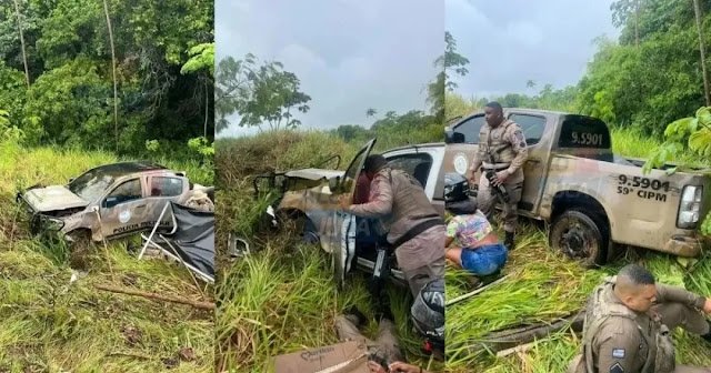 Viatura da PM capota durante perseguição em Guarajuba; um dos agentes sofreu fratura exposta