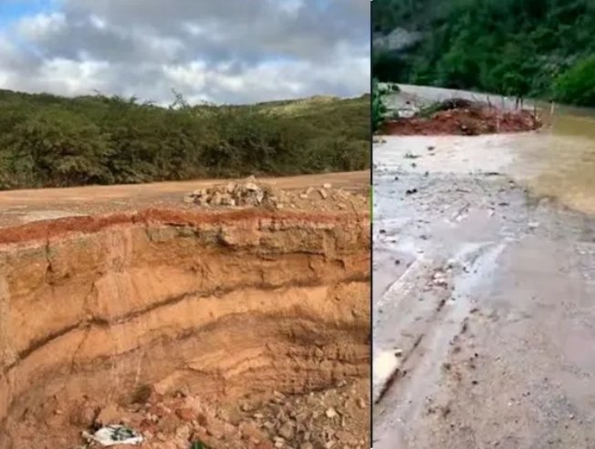 Grande cratera é aberta pelas fortes chuvas na BA 220