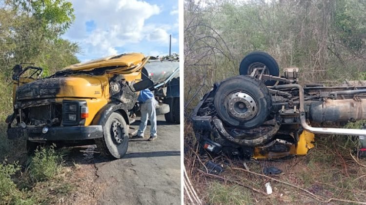 Motorista sai ileso após caminhão tombar e pegar fogo na BA-419, entre Jacobina e Mirangaba