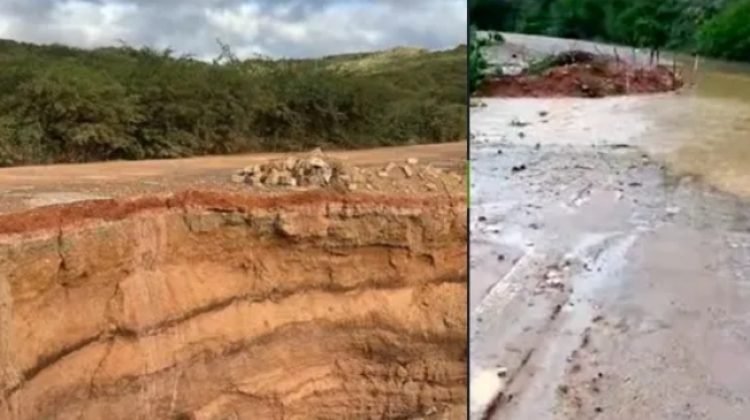 Grande cratera é aberta pelas fortes chuvas na BA 220