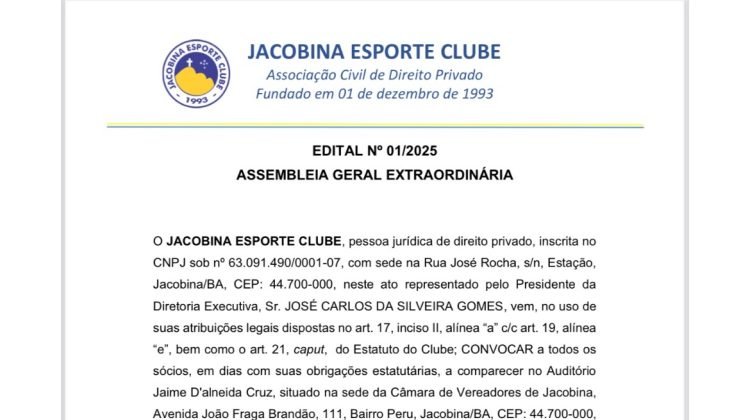 Jacobina Esporte Clube convoca Assembleia para criação de SAF