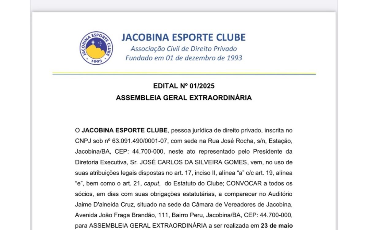 Jacobina Esporte Clube convoca Assembleia para criação de SAF